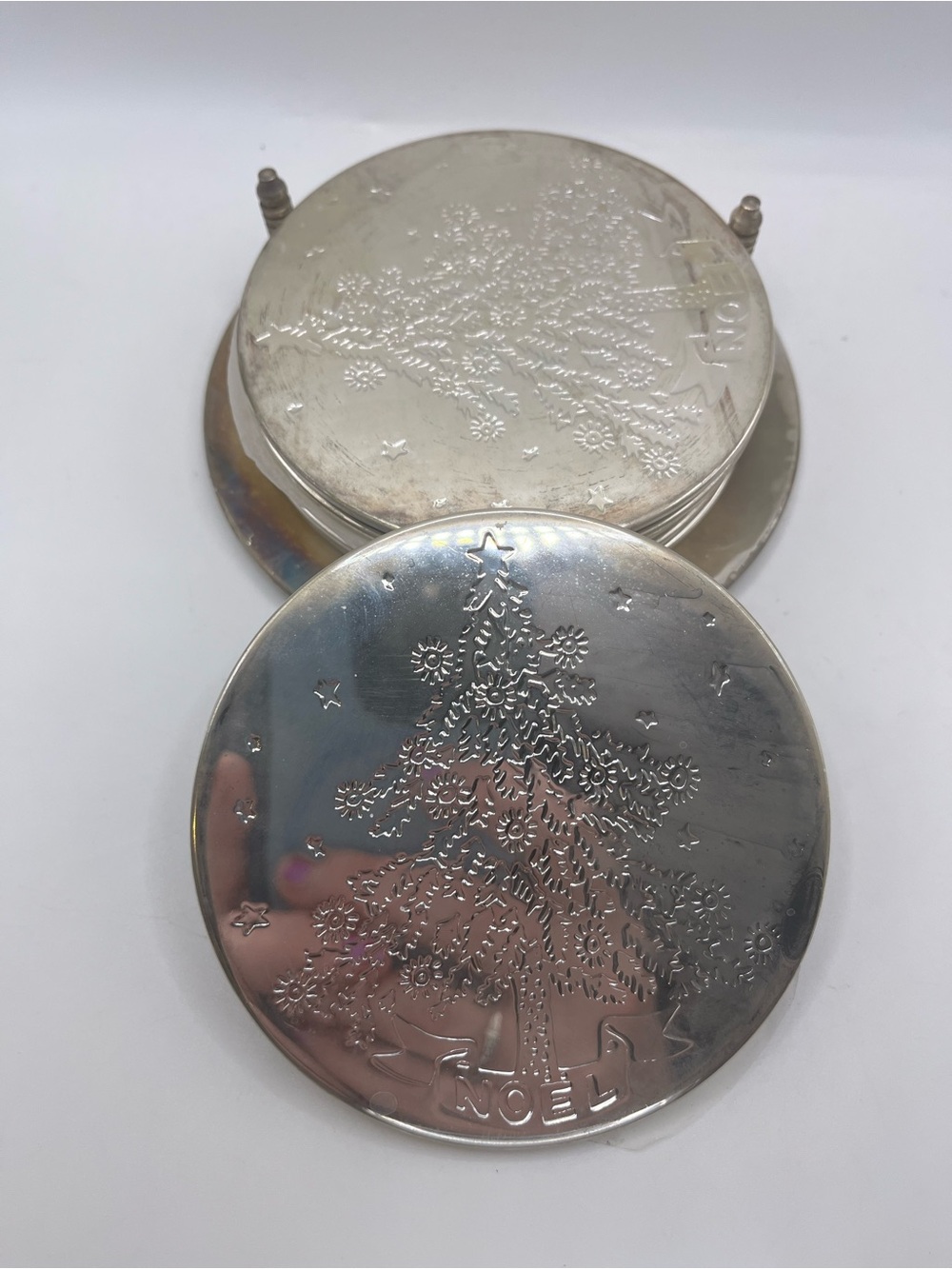 Godinger Silver Art Co Silver Plate Noel Christmas Tree Coasters W/Holder